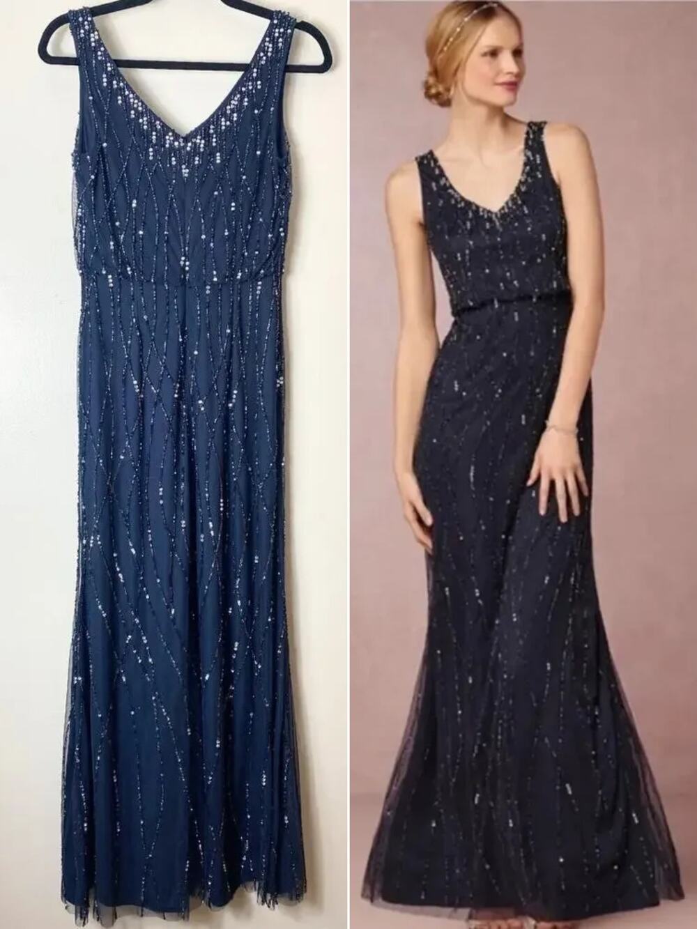 Adrianna Papell Brooklyn Dress Navy Sequin Beaded Wedding Guest Bridesmaid Gown